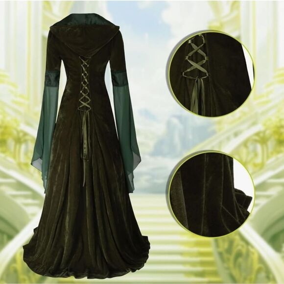 ⏭️NWT Green Medieval Renaissance Hooded Trumpet Sleeve Dress Large - Picture 2 of 15